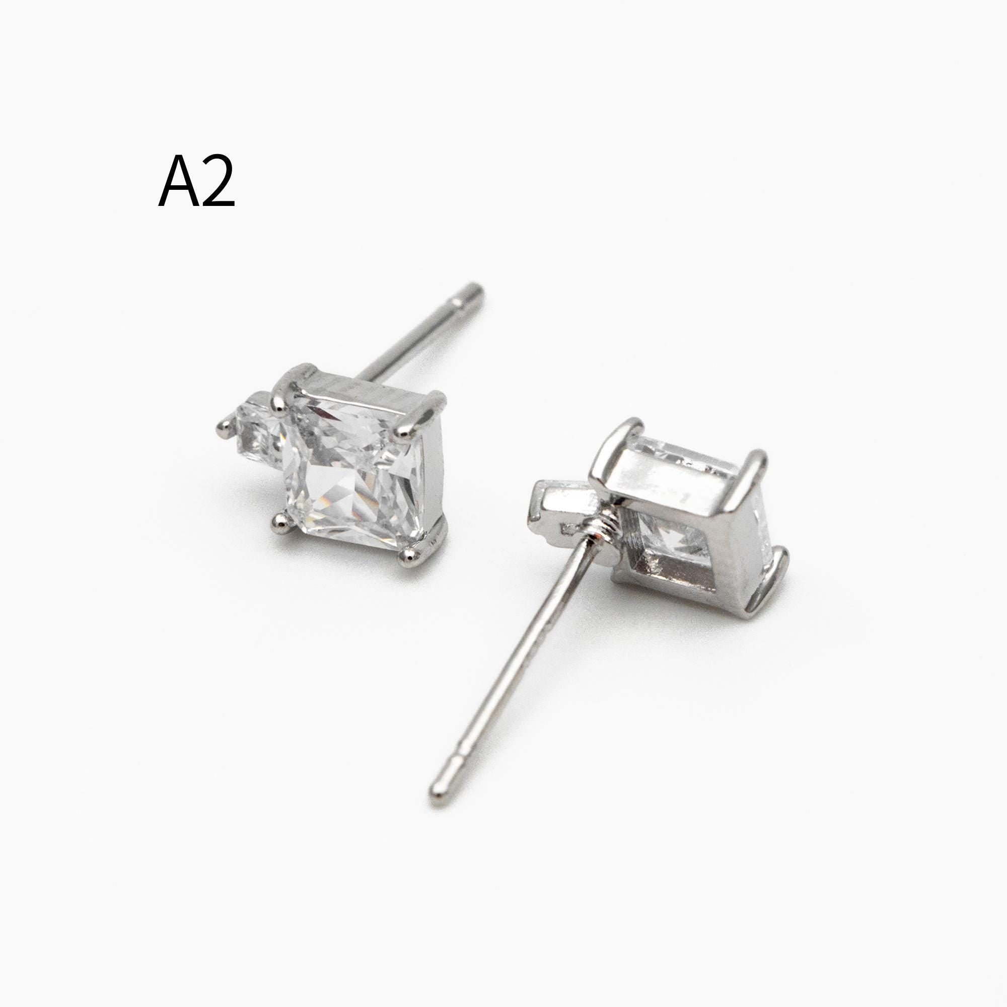 10pcs CZ Pave Gold/ Silver Square Round Earrings, 18K Gold/ Rhodium plated Brass, Geometric Stud Earrings (#GB-4350)